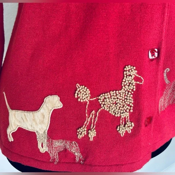 Susan Bristol Red Embroidered Dog Cardigan Wool Blend Button Cottagecore F22605 - Picture 4 of 5